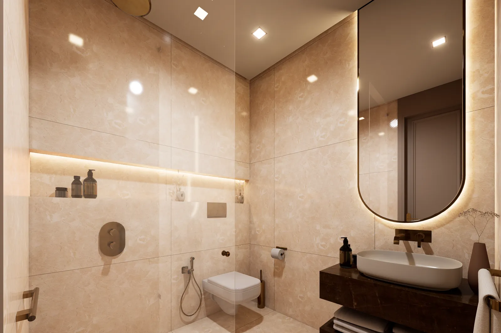 Stone bathroom with brushed brass fittings