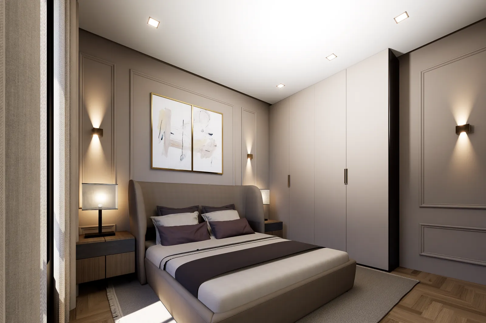 Bedroom with tailored joinery and linen light
