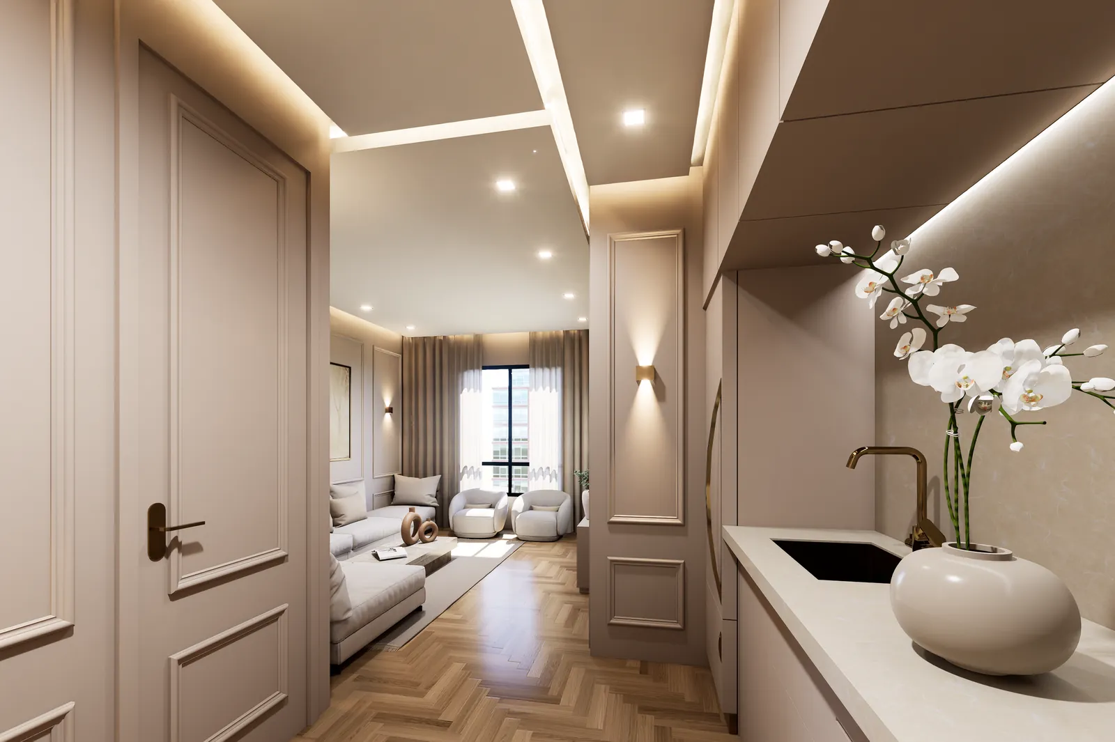 Entrance hallway with warm timber and soft lighting