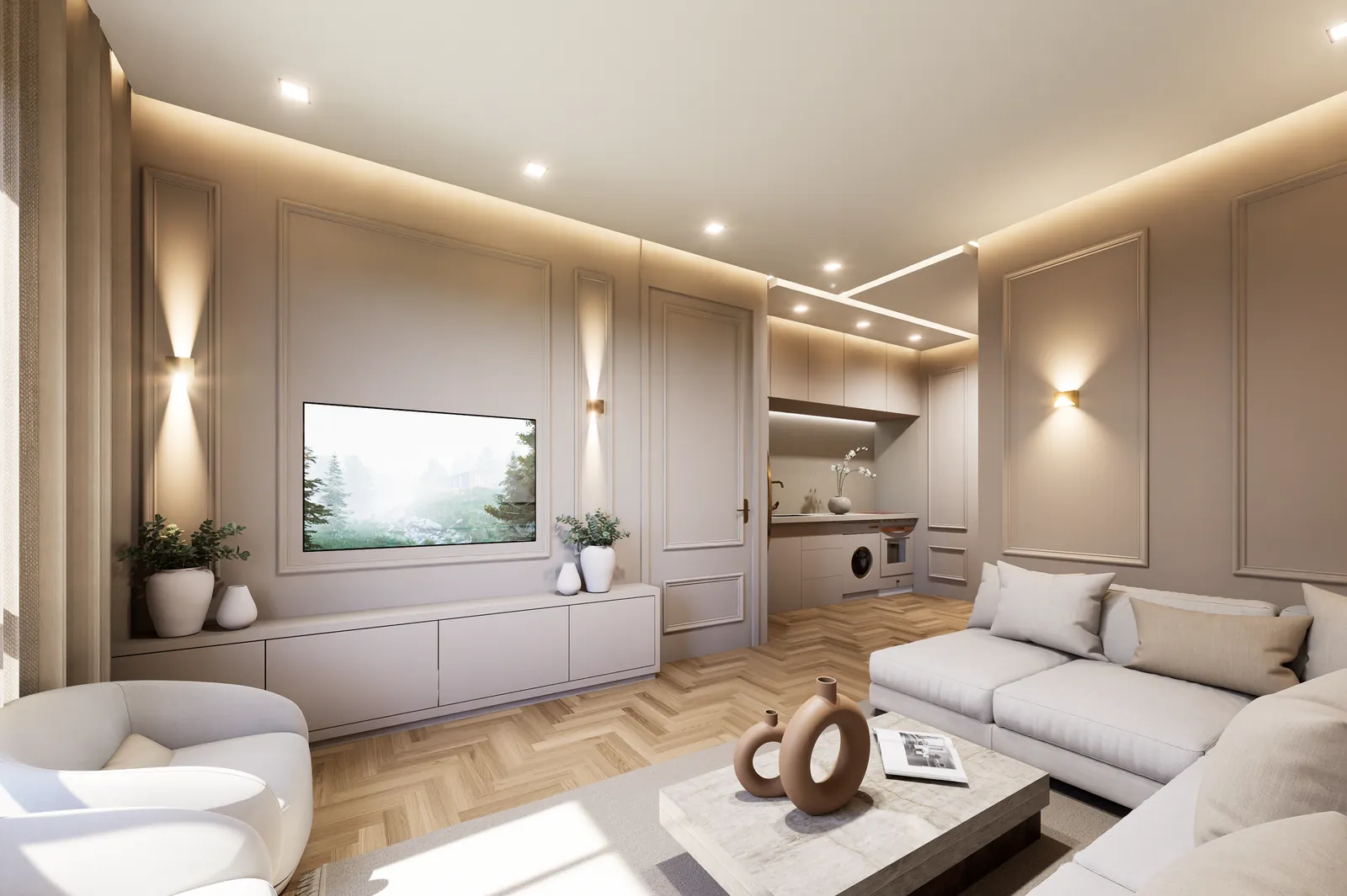 Living room of an ASALA City Walk residence — natural light, warm materials, tailored joinery