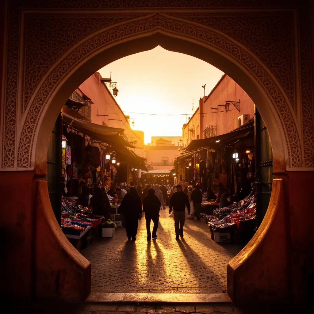 Sunset through a carved arch in the Marrakech medina