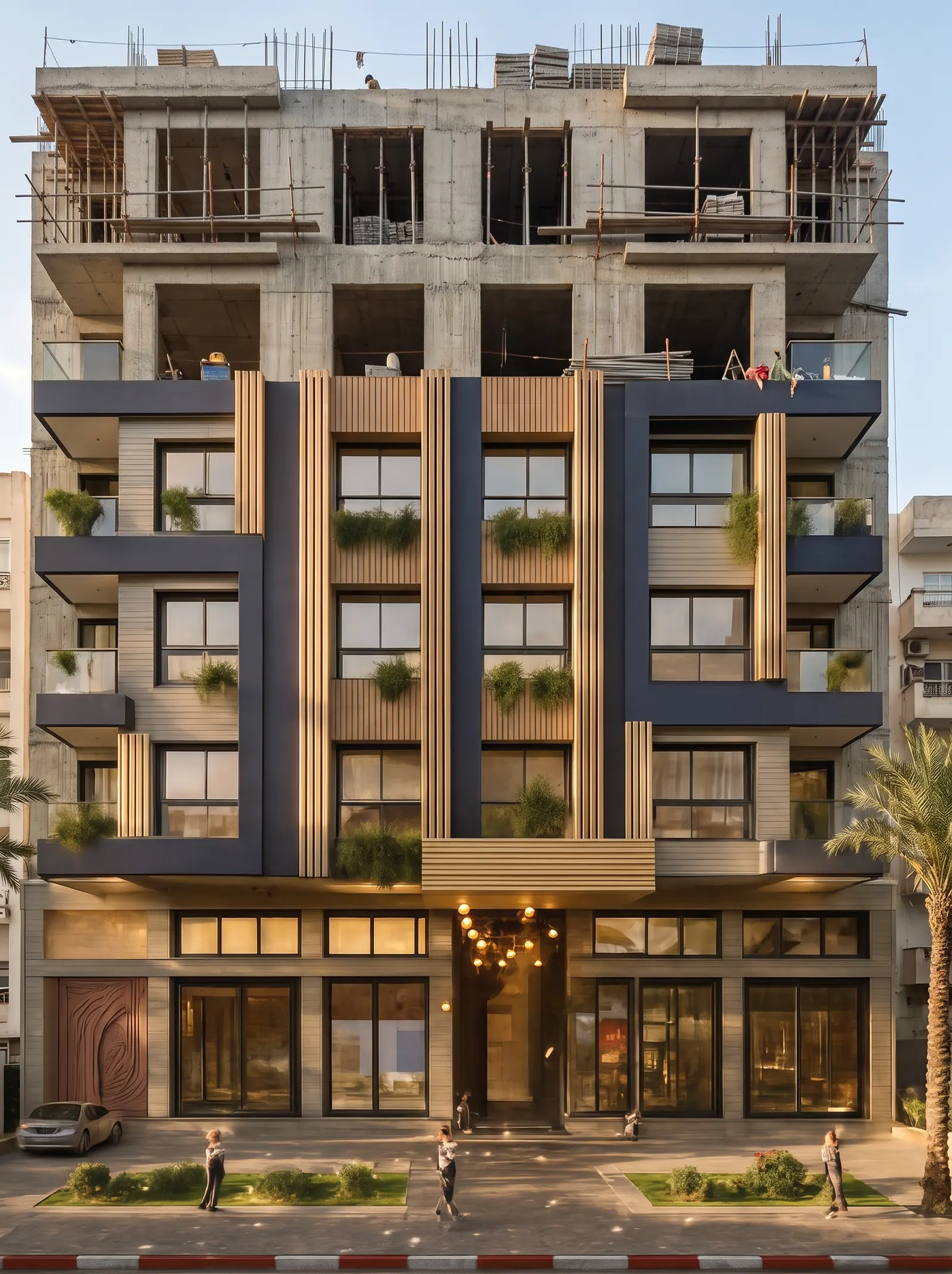 The facade of ASALA City Walk wrapping the structure — bronze, timber and planted balconies